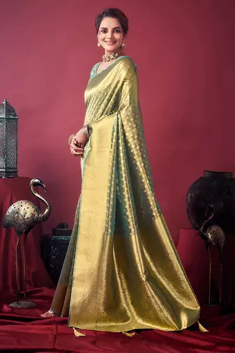Mint green soft banarasi tissue silk blend weaving saree with blouse piece
