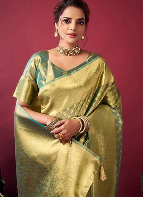Mint green soft banarasi tissue silk blend weaving saree with blouse piece 4