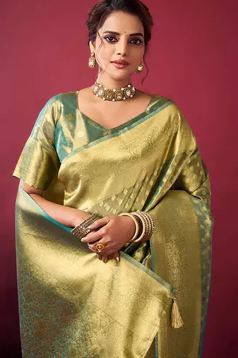 Mint green soft banarasi tissue silk blend weaving saree with blouse piece