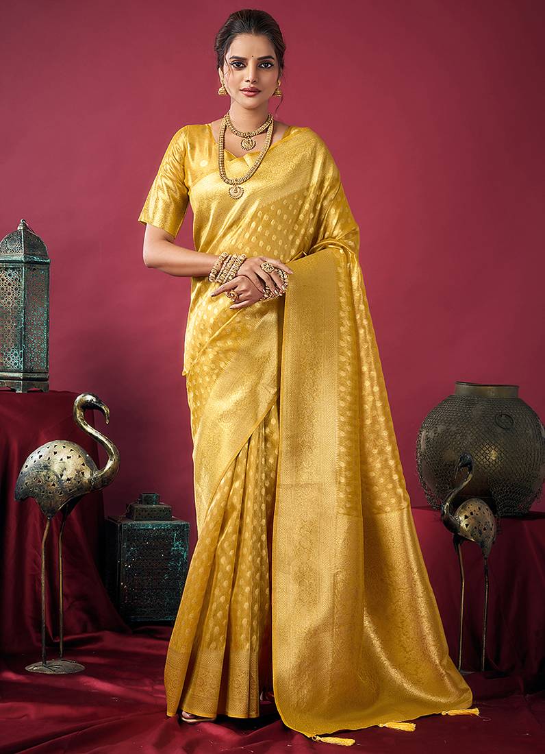 Mustard soft banarasi tissue silk blend weaving saree with blouse piece