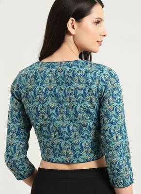 Green cotton sanganeri printed non padded blouse 3