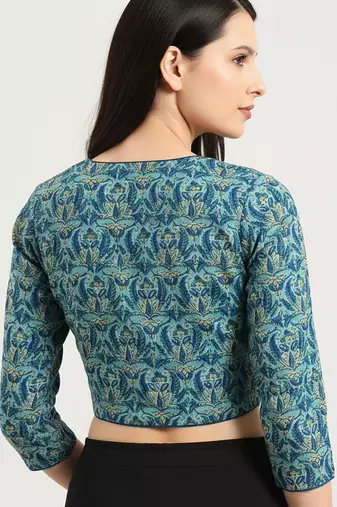 Green cotton sanganeri printed non padded blouse