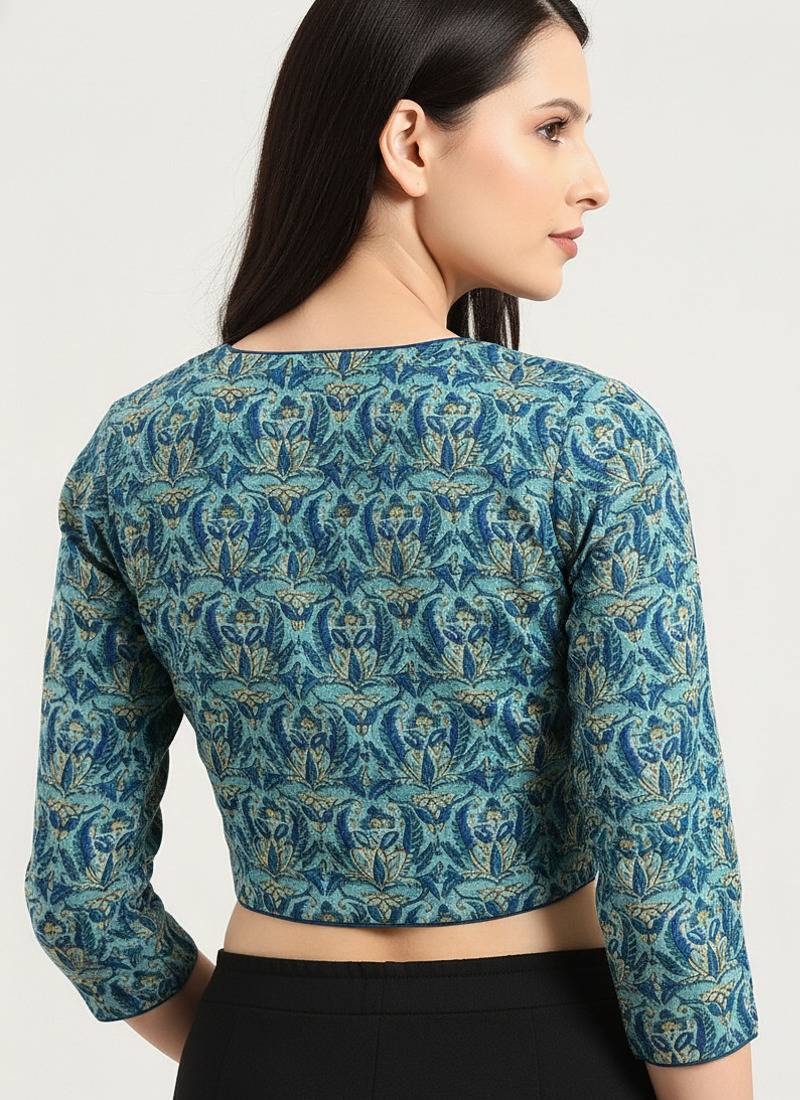 Green cotton sanganeri printed non padded blouse