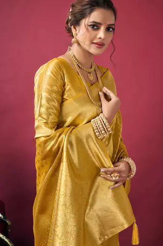 Mustard soft banarasi tissue silk blend weaving saree with blouse piece
