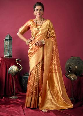 Orange soft banarasi tissue silk blend weaving saree with blouse piece 1