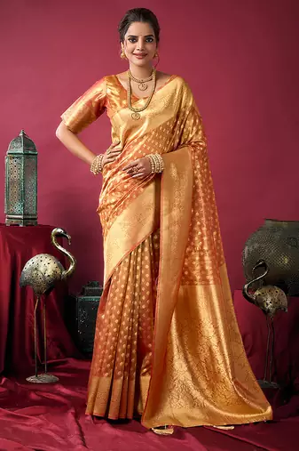 Orange soft banarasi tissue silk blend weaving saree with blouse piece