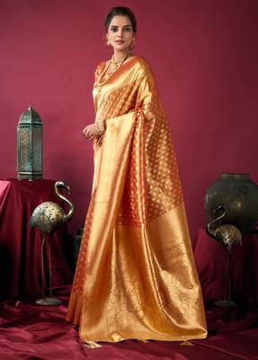 Orange soft banarasi tissue silk blend weaving saree with blouse piece 2