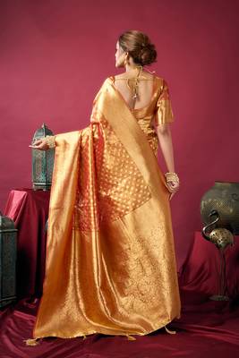 Orange soft banarasi tissue silk blend weaving saree with blouse piece 3