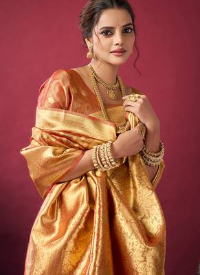 Orange soft banarasi tissue silk blend weaving saree with blouse piece 4