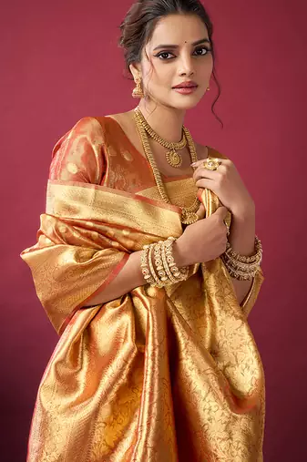 Orange soft banarasi tissue silk blend weaving saree with blouse piece
