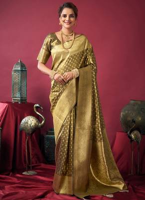 Olive green soft banarasi tissue silk blend weaving saree with blouse piece 1