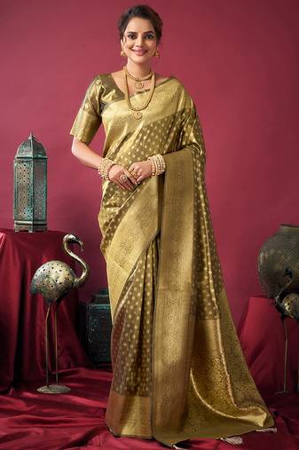 Olive green soft banarasi tissue silk blend weaving saree with blouse piece