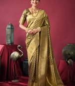 Olive green soft banarasi tissue silk blend weaving saree with blouse piece