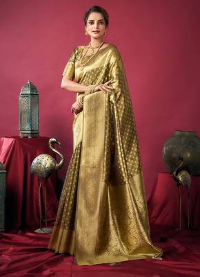 Olive green soft banarasi tissue silk blend weaving saree with blouse piece 2