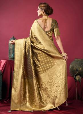 Olive green soft banarasi tissue silk blend weaving saree with blouse piece 3