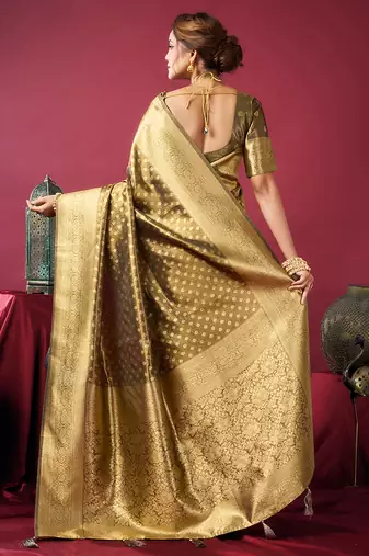 Olive green soft banarasi tissue silk blend weaving saree with blouse piece