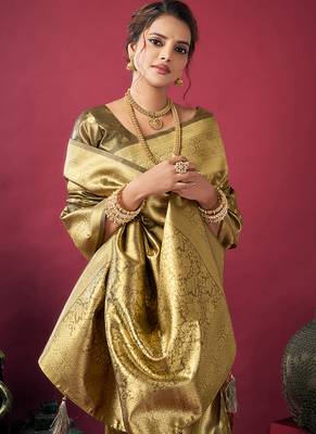 Olive green soft banarasi tissue silk blend weaving saree with blouse piece 4