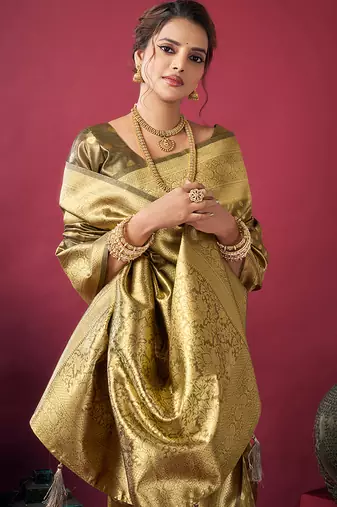 Olive green soft banarasi tissue silk blend weaving saree with blouse piece