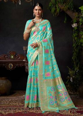 Turquoise organza khadi zari weaving saree with blouse piece 1