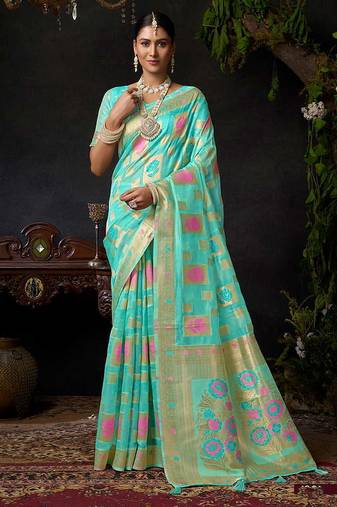 Turquoise organza khadi zari weaving saree with blouse piece