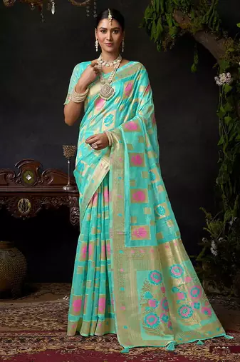 Turquoise organza khadi zari weaving saree with blouse piece