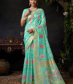 Turquoise organza khadi zari weaving saree with blouse piece