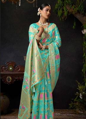Turquoise organza khadi zari weaving saree with blouse piece 2