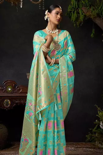 Turquoise organza khadi zari weaving saree with blouse piece
