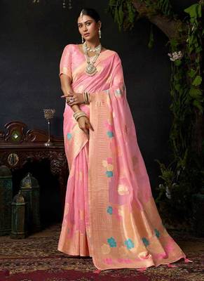 Pink organza khadi zari weaving saree with blouse piece 1