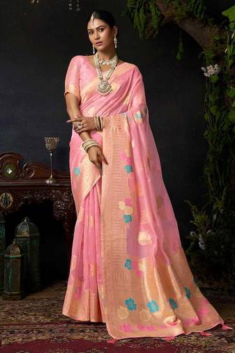Pink organza khadi zari weaving saree with blouse piece