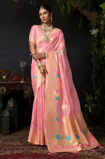 Pink organza khadi zari weaving saree with blouse piece