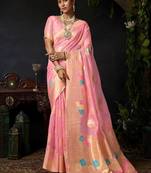 Pink organza khadi zari weaving saree with blouse piece