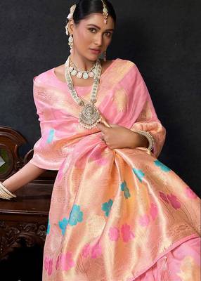 Pink organza khadi zari weaving saree with blouse piece 2