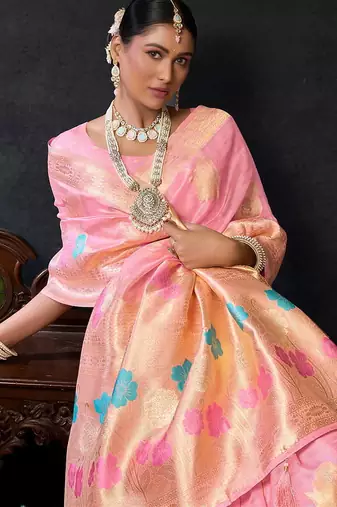 Pink organza khadi zari weaving saree with blouse piece
