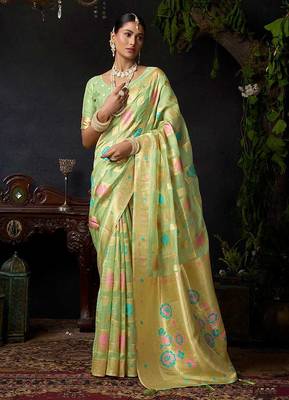 Light green organza khadi zari weaving saree with blouse piece 1
