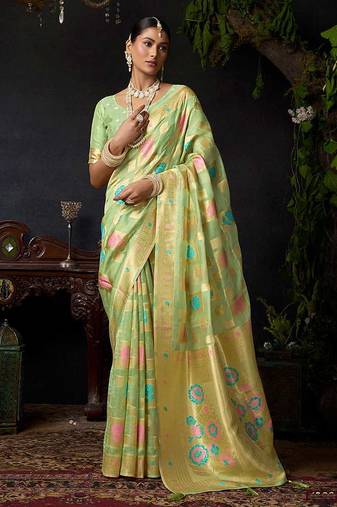 Light green organza khadi zari weaving saree with blouse piece