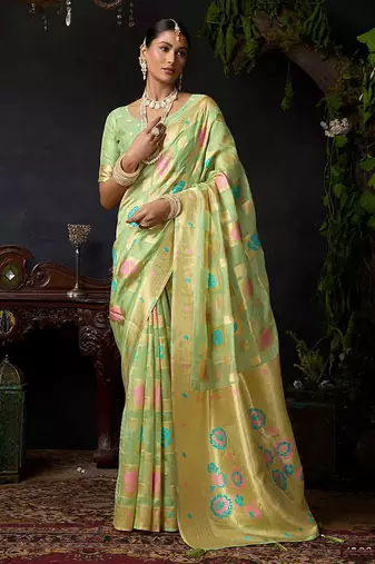 Light green organza khadi zari weaving saree with blouse piece