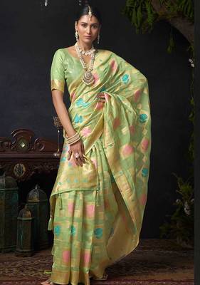 Light green organza khadi zari weaving saree with blouse piece 2