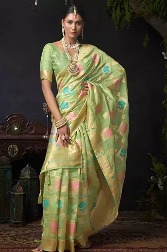 Light green organza khadi zari weaving saree with blouse piece