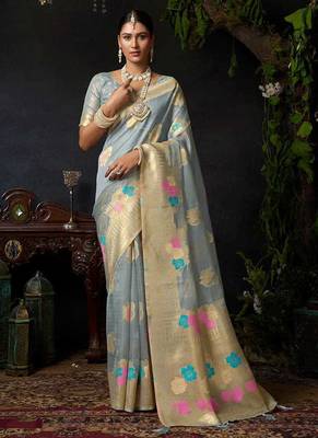 Grey organza khadi zari weaving saree with blouse piece 1