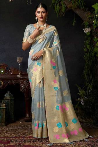 Grey organza khadi zari weaving saree with blouse piece