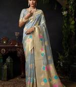 Grey organza khadi zari weaving saree with blouse piece