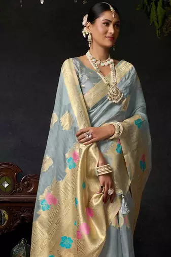 Grey organza khadi zari weaving saree with blouse piece