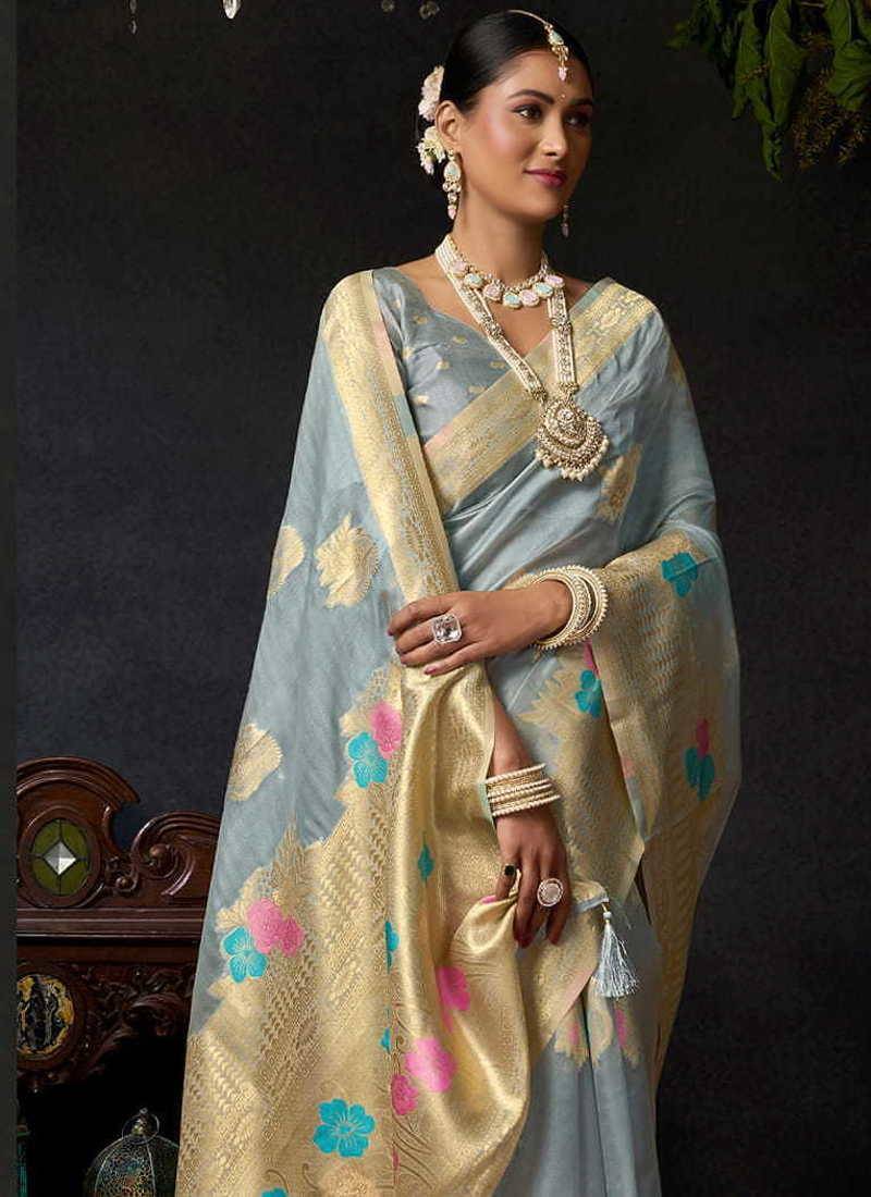 Grey organza khadi zari weaving saree with blouse piece