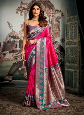 Rani pink soft banarasi silk blend saree with blouse piece 1