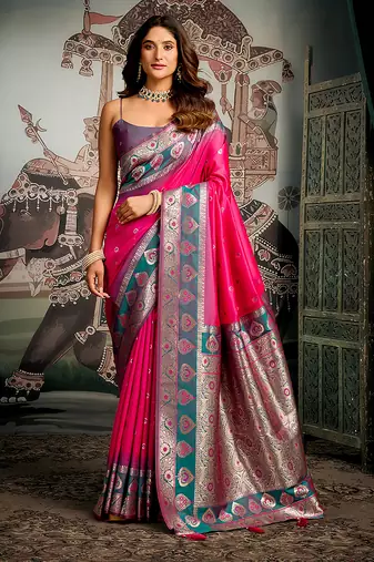 Rani pink soft banarasi silk blend saree with blouse piece