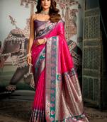 Rani pink soft banarasi silk blend saree with blouse piece
