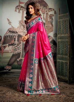 Rani pink soft banarasi silk blend saree with blouse piece 2