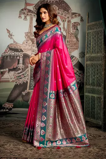Rani pink soft banarasi silk blend saree with blouse piece