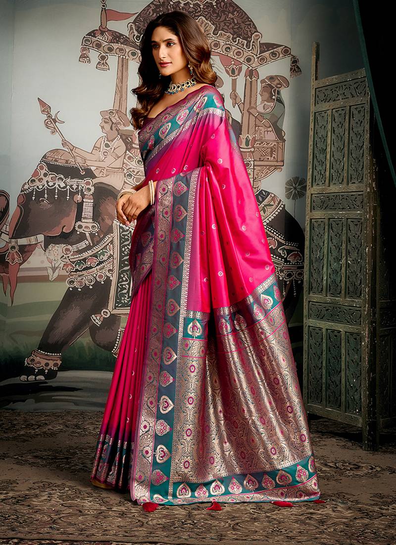 Rani pink soft banarasi silk blend saree with blouse piece
